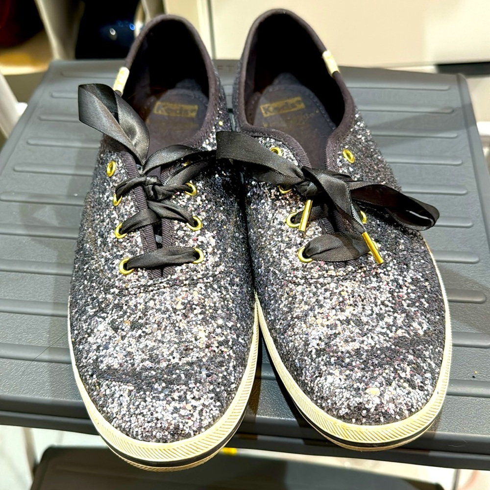 Keds x Kate Spade Grey Glitter Sneakers, Women's Size 8, ribbon shoe laces